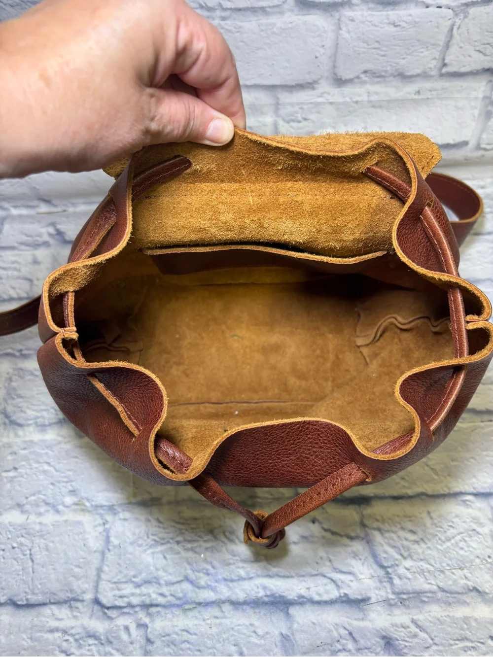 Portland Leather Goods Bucket Backpack Brown Full Grain Leather Drawstring Bag